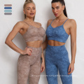 High Quality Workout Sets Butt Lifter 2 Piece Set Tie Dye Strappy Printed Scrunch Butt High Waisted Gym Wear Set